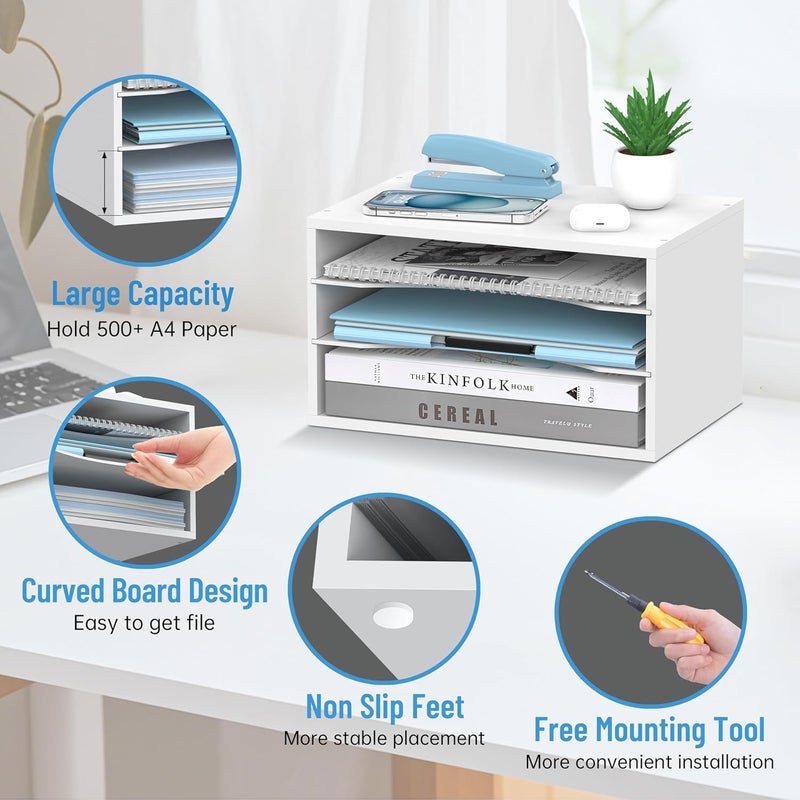SHARKWOODS Wood Desk Organizer, 3 Tier Paper Tray Organizer for Desk with Adjustable Storage Shelves, Desktop File Organization Paper Sorter Mail Holder for Office Home Classroom, White - Image 4